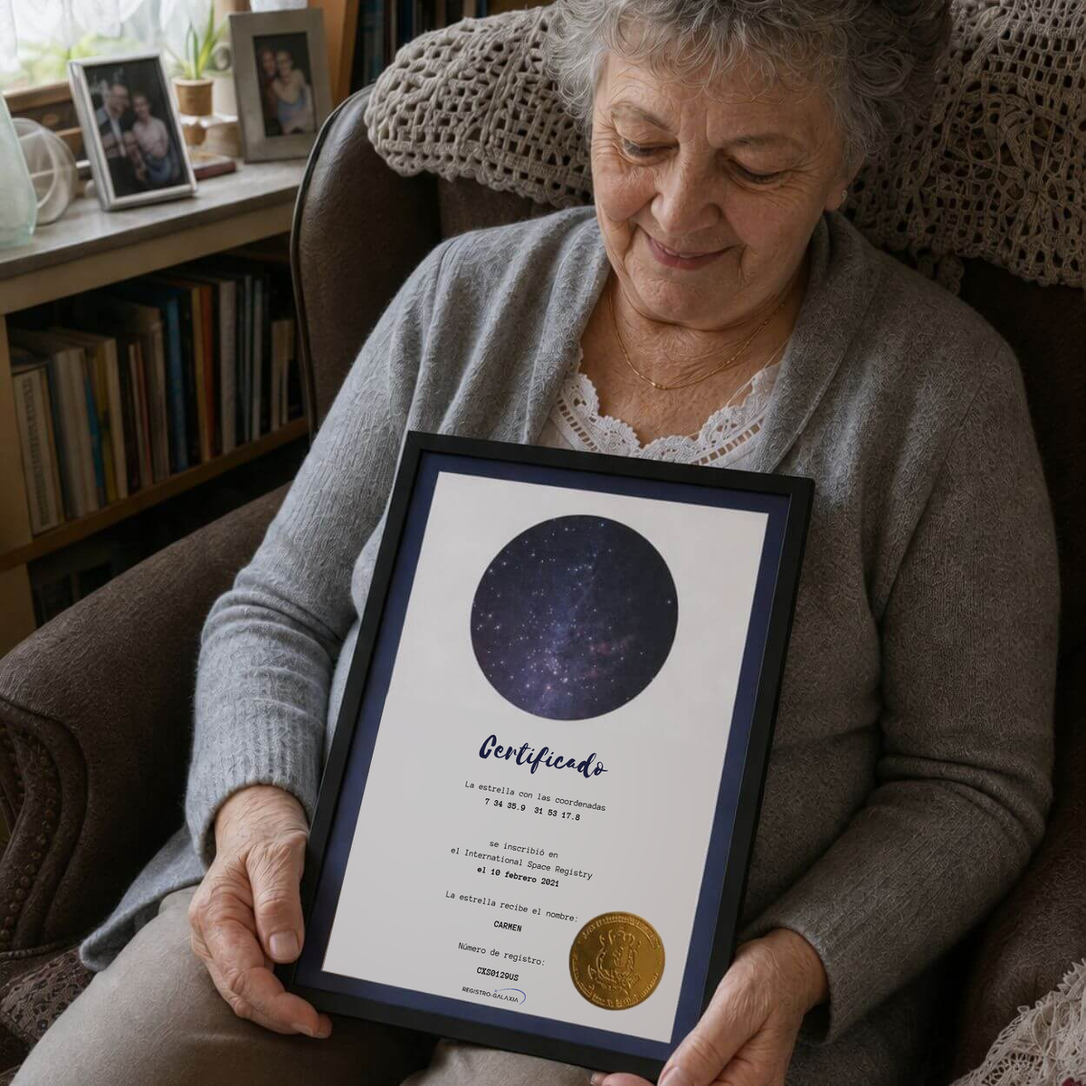 Mujer con su certificado de estrella en español